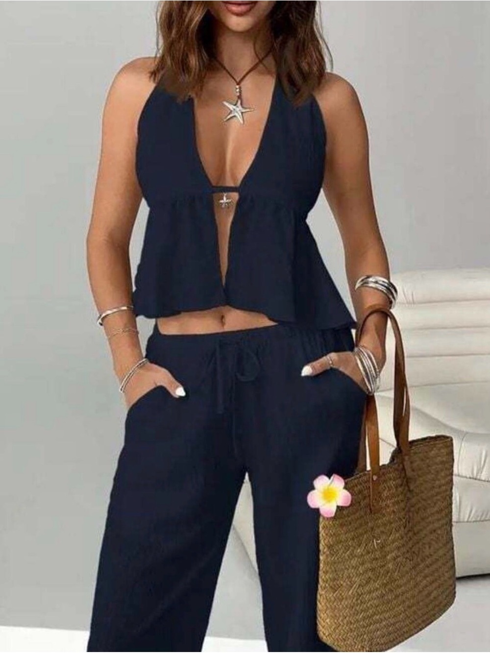 Navy Halter Wide-Leg Pant Set Open Back Small - Picture 3 of 3